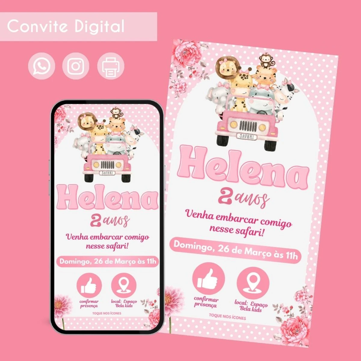 Convite Digital Safari Menina Personalizado Aniversário 1 Convite Digital Safari Menina Personalizado Aniversário