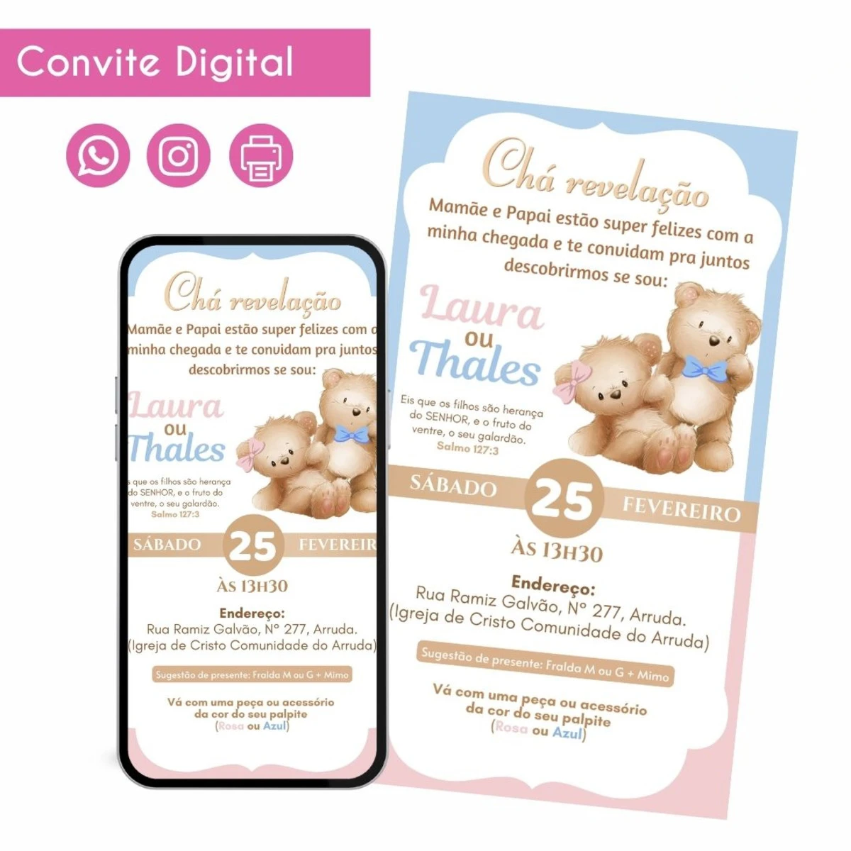 Convite Digital Chá Revelação Azul e Rosa Personalizado 1 Convite Digital Chá Revelação Azul e Rosa Personalizado
