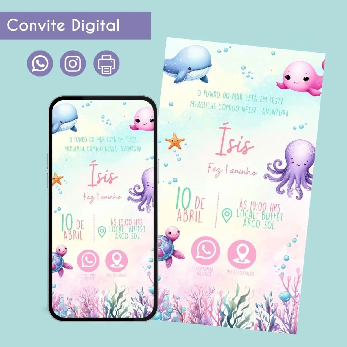 Convite Digital Infantil Fundo do Mar para Menina 1 Convite Digital Infantil Fundo do Mar para Menina
