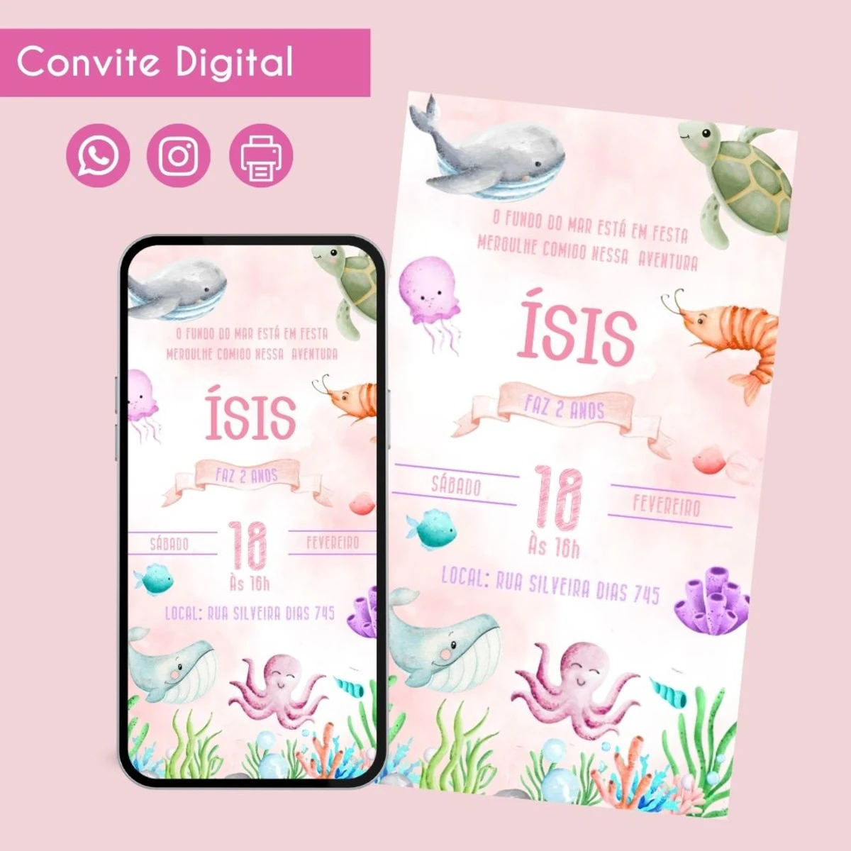Convite digital fundo do mar personalizado para menina 1 Convite digital fundo do mar personalizado para menina