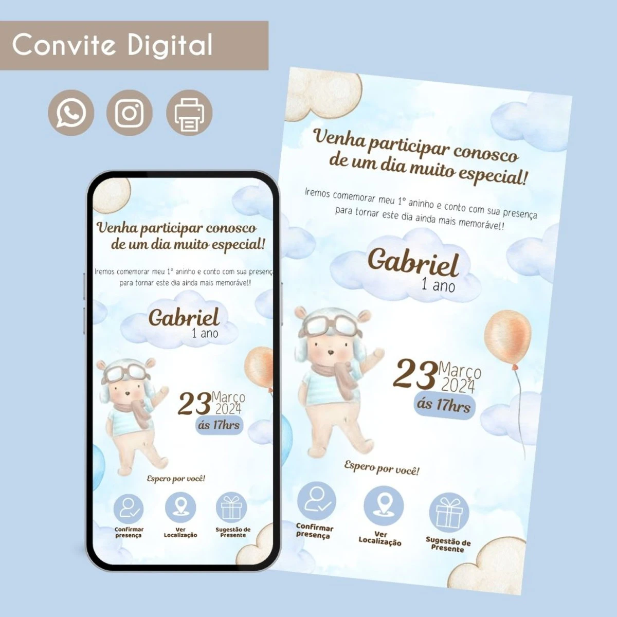 Convite Digital Urso Aquarela para Festa Infantil 1 Convite Digital Urso Aquarela para Festa Infantil