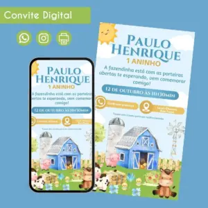 Convite Digital Fazendinha Menino Festa Infantil PDF 17 68500