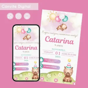 Convite Digital Capivara Aquarela para Festa de Menina 16 68521