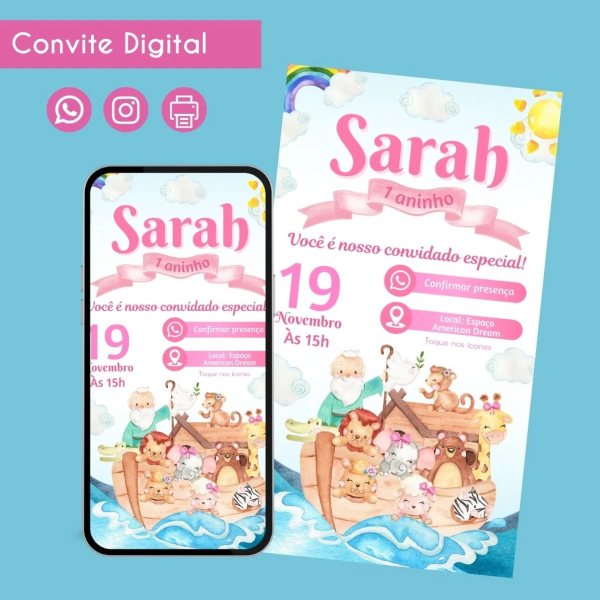 Convite Digital Arca de Noé Menina Rosa Personalizado 1 Convite Digital Arca de Noé Menina Rosa Personalizado