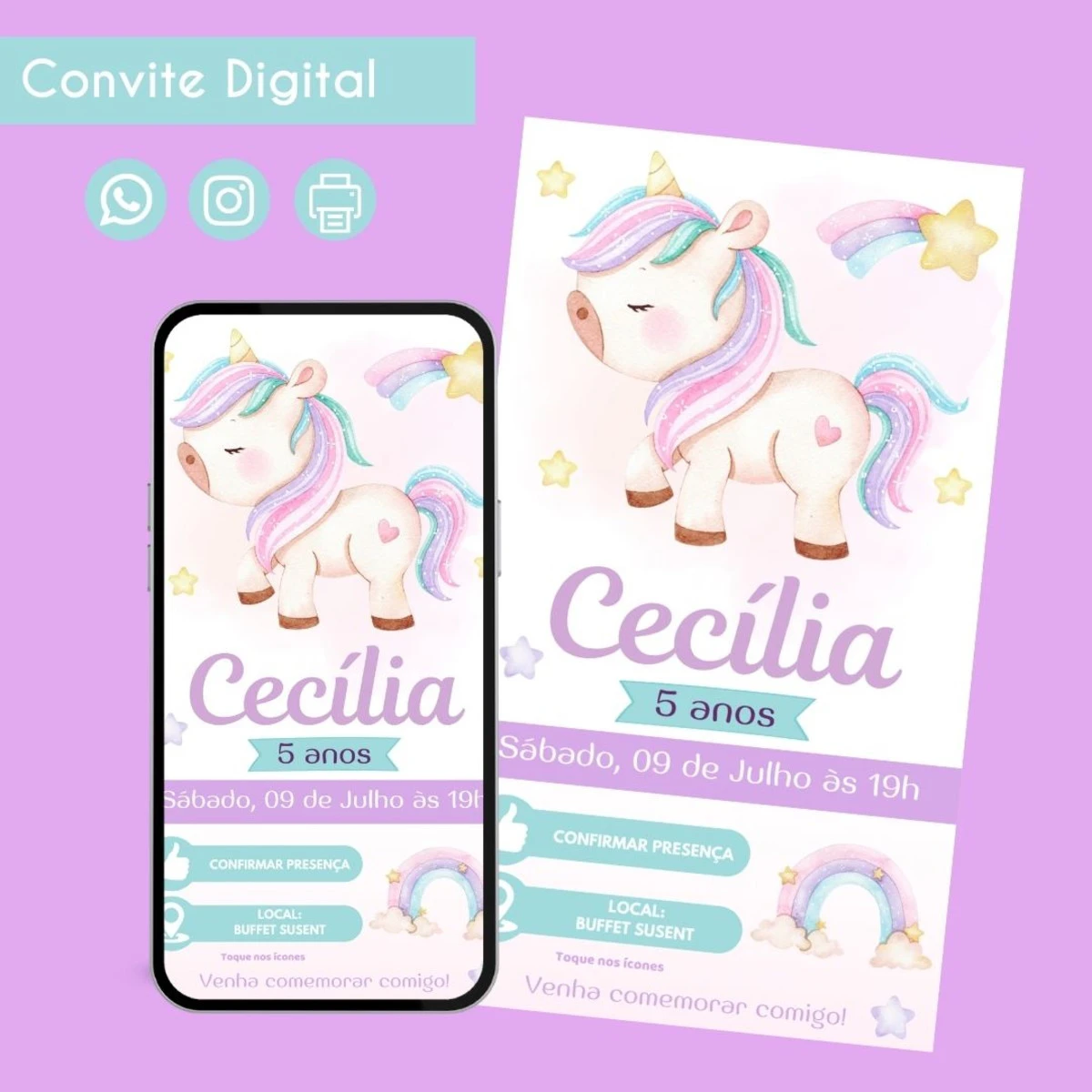 Convite Digital Unicórnio Aquarela Personalizado 1 Convite Digital Unicórnio Aquarela Personalizado