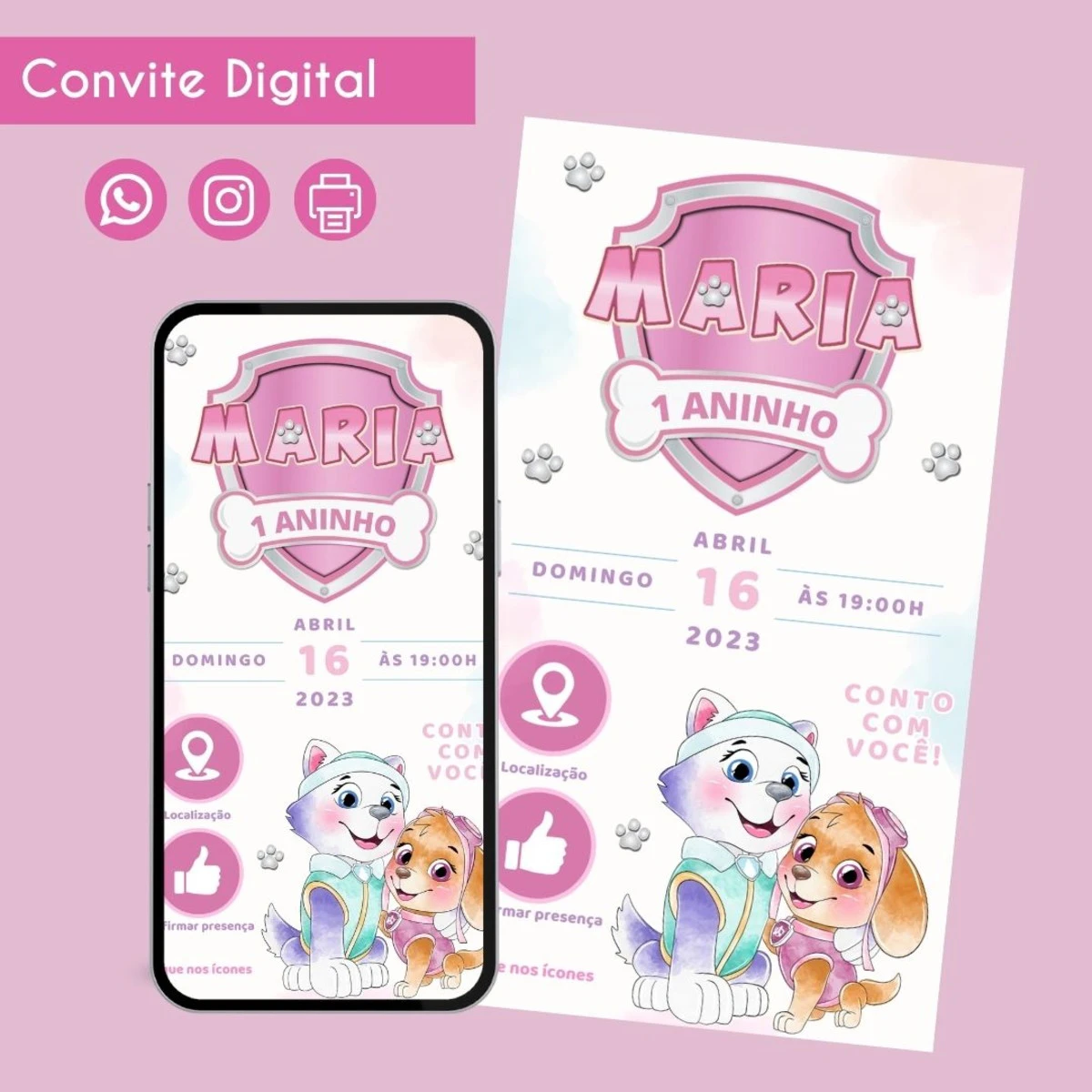 Convite Digital Skye Aquarela para Aniversário Infantil 1 Convite Digital Skye Aquarela para Aniversário Infantil