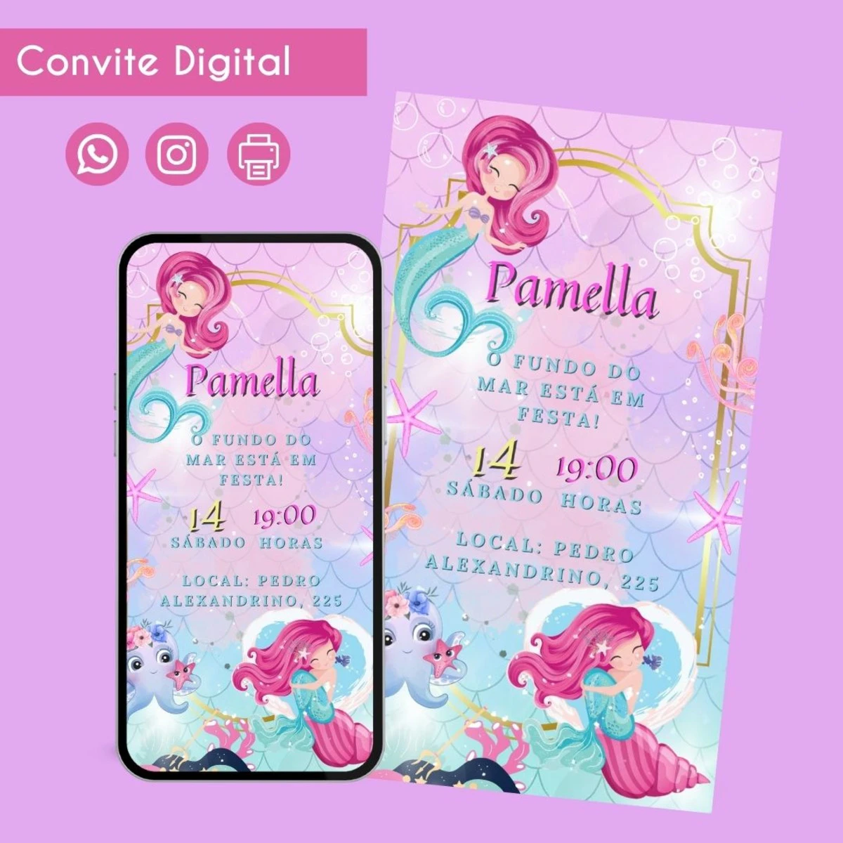 Convite Digital Sereia Personalizado para Festa Infantil 1 Convite Digital Sereia Personalizado para Festa Infantil