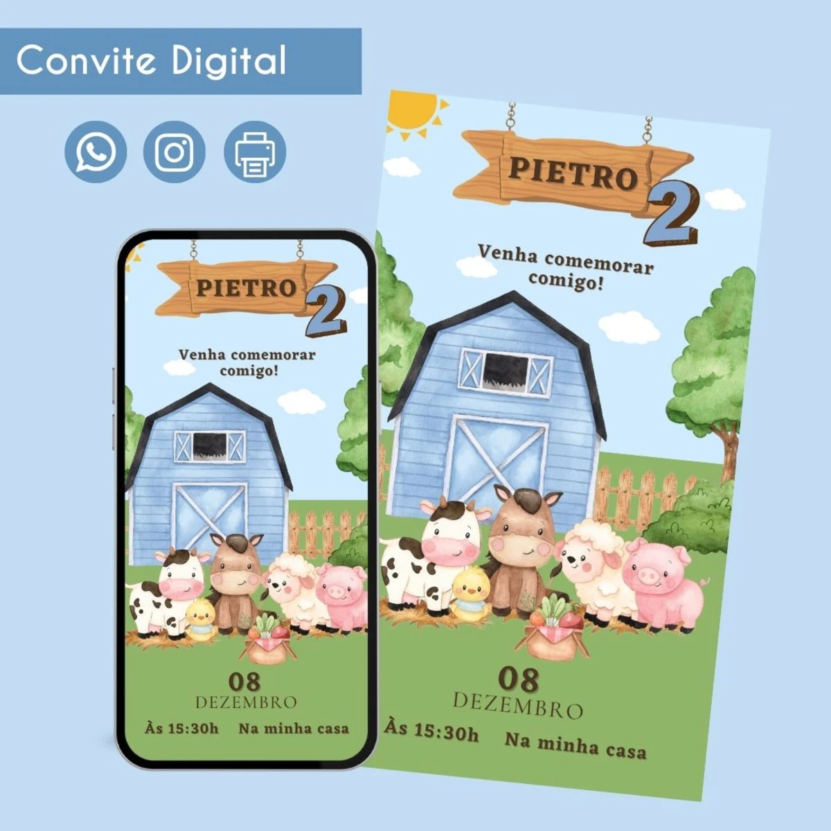 Convite Digital Fazendinha Azul para Festa Infantil 1 Convite Digital Fazendinha Azul para Festa Infantil