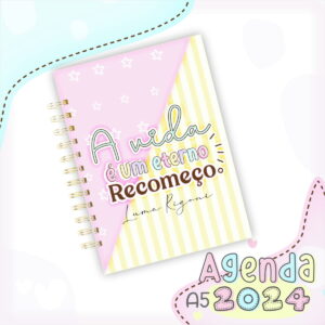Caderno com capa rosa e listrada, texto motivacional, detalhes decorativos em arte digital.