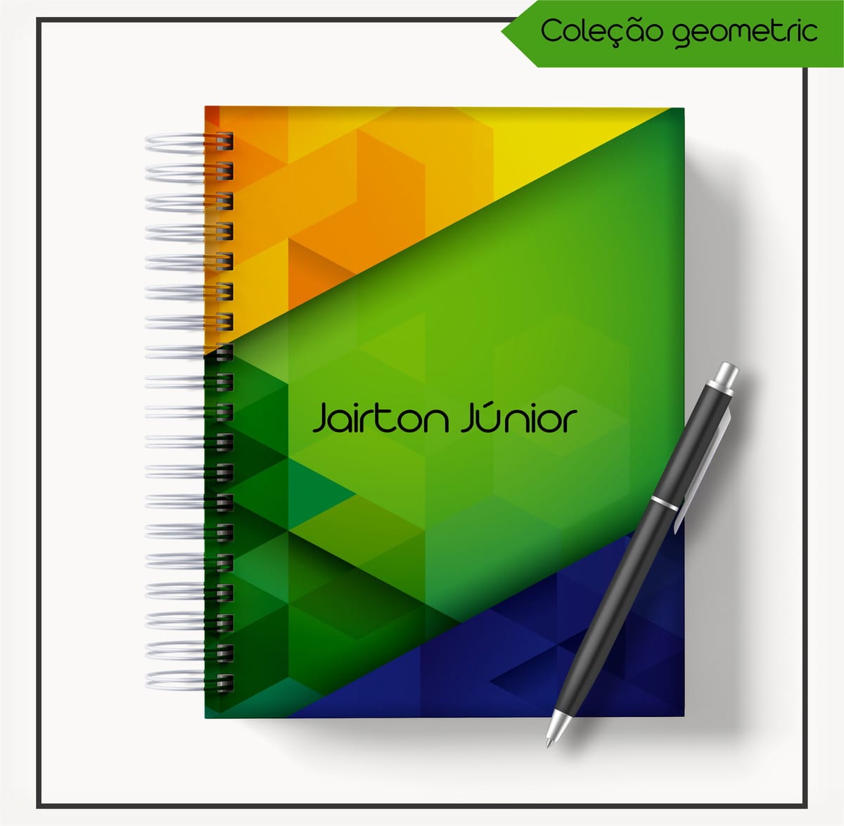 Kit Agenda 2023 Masculina Geométrica Verde Digital 2 Arte digital de caderno de espiral com design geométrico colorido e caneta.