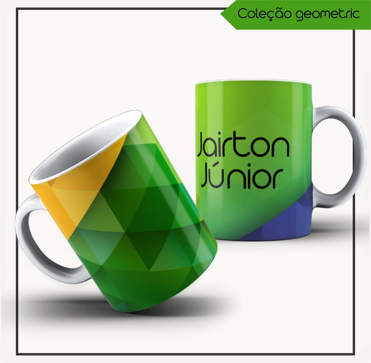 Kit Agenda 2023 Masculina Geométrica Verde Digital 3 Duas canecas exibindo arte digital geométrica vibrante em verde, amarelo e azul.