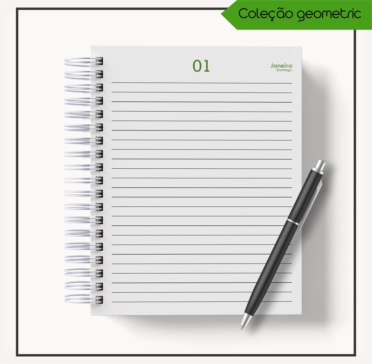Kit Agenda 2023 Masculina Geométrica Verde Digital 5 Página de caderno digital com linhas, data e caneta. Coleção geometric.