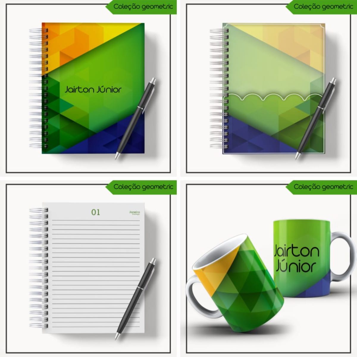 Kit Agenda 2023 Masculina Geométrica Verde Digital 1 Coleção de arte digital com cadernos e canecas de padrões geométricos coloridos.