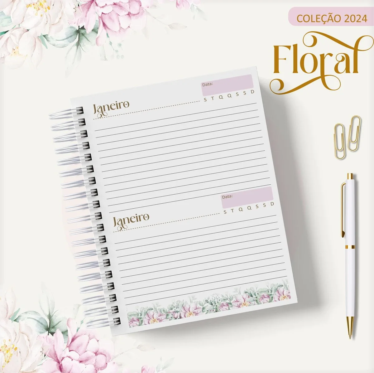 Agenda 2024 Floral Rosa - Arquivo Digital