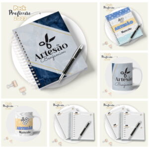 Cadernos e canecas personalizados com temas de artesanato dispostos em várias imagens.
