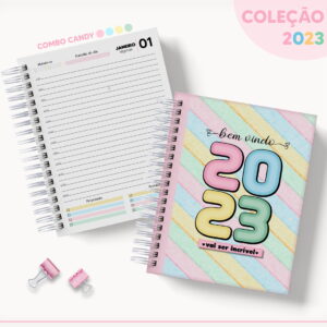 Imagem de dois planners coloridos, um aberto com agenda diária, outro fechado, e clipes.