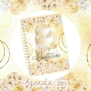 Caderno espiral com capa decorada com bolo de três andares e rosas em tons pastéis.