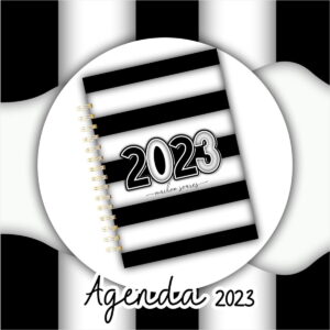 Arte digital de agenda 2023 com capa listrada preta e branca, espiral dourada.