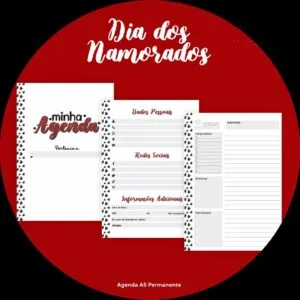 Duas páginas de agenda personalizadas com detalhes decorativos sobre fundo vermelho circular.