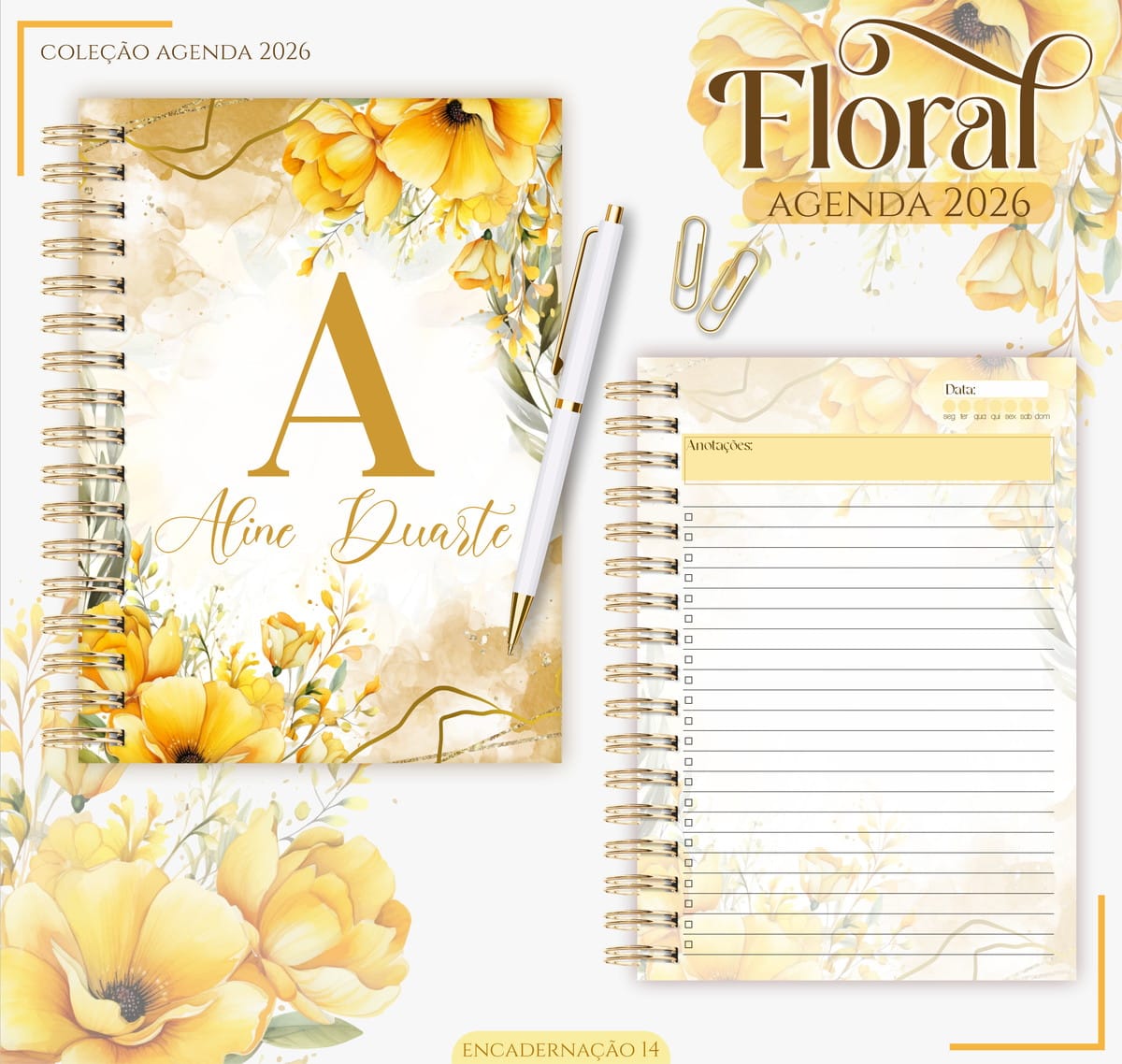 Agenda Digital Feminina Floral 2026 para Imprimir 2 Cadernos com encadernação em espiral, caneta branca e estampa de flores amarelas.