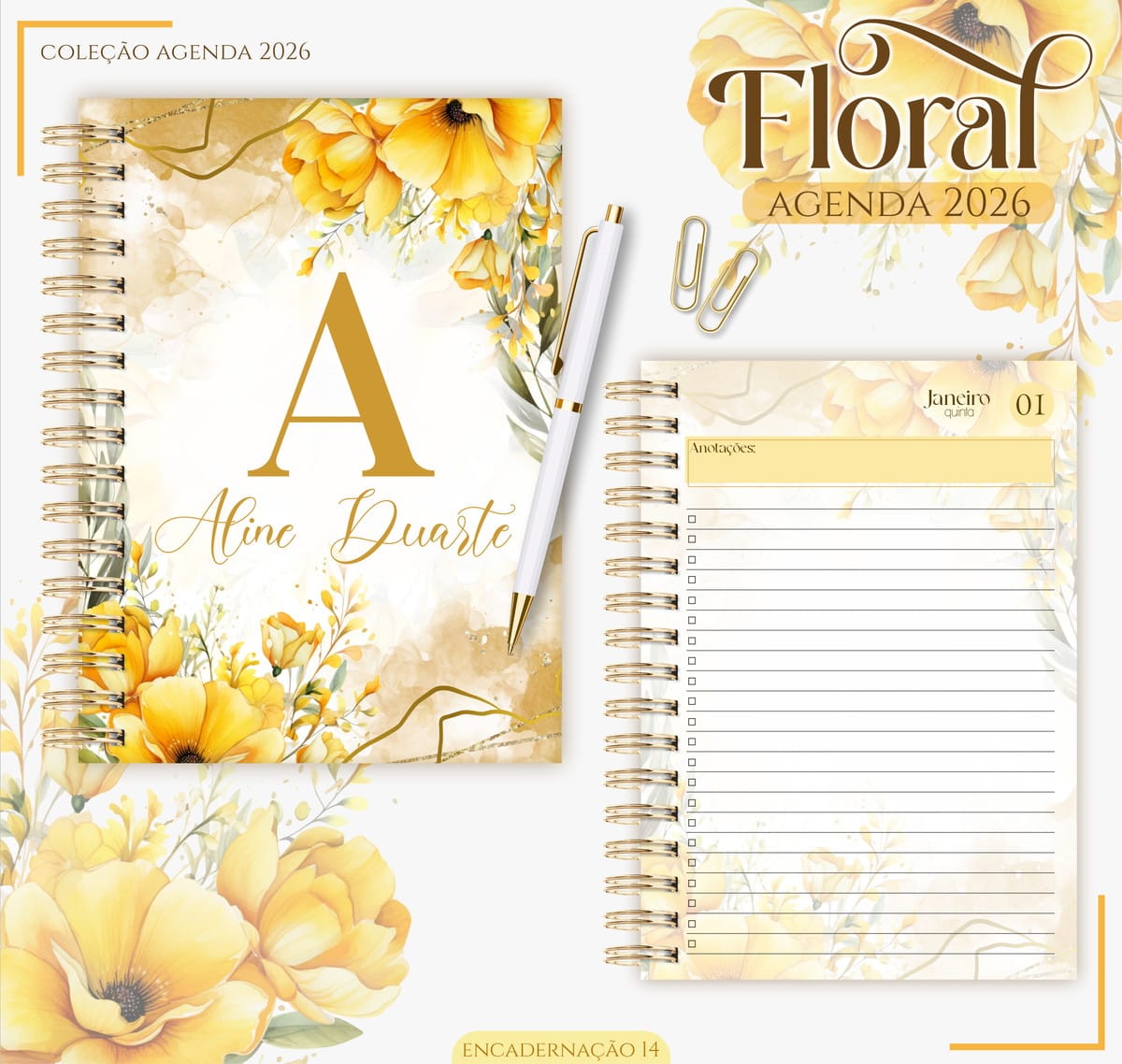 Agenda Digital Feminina Floral 2026 para Imprimir 1 Cadernos espiralados personalizados com tema floral amarelo, letra dourada e caneta branca.