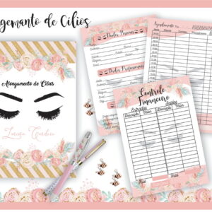 Arte digital de planner e folhas de controle para alongamento de cílios, com design floral.