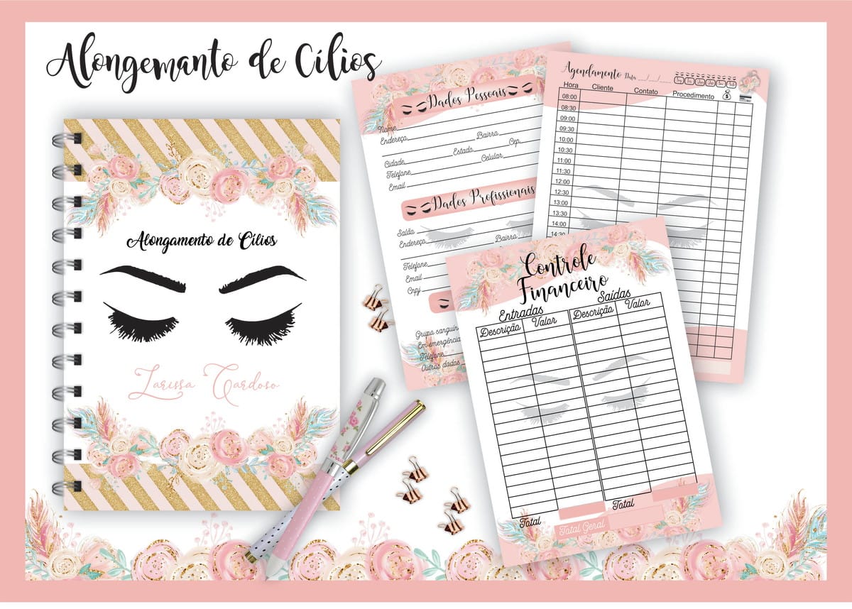 Agenda Digital Lash Designer com Controle Financeiro 1 Arte digital de planner e folhas de controle para alongamento de cílios, com design floral.