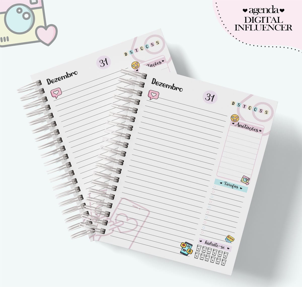 Agenda Digital Profissões Femininas com Artes para Caneca 3 Duas agendas digitais abertas, com design para influencer, seções de anotações e tarefas.