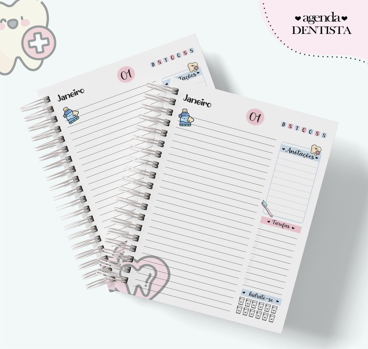 Agenda Digital Profissões Femininas com Artes para Caneca 4 Páginas de agenda digital com tema odontológico, layout de janeiro, anotações e tarefas.