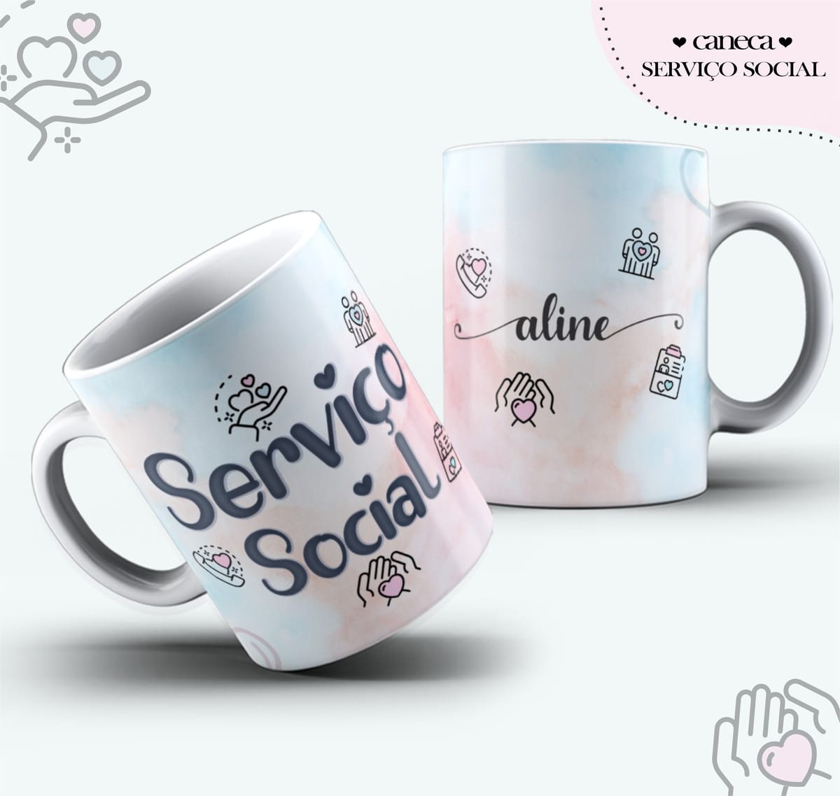 Agenda Digital Serviço Social para Imprimir e Encadernar 3 Duas canecas estampadas com texto e ilustrações delicadas sobre fundo claro.