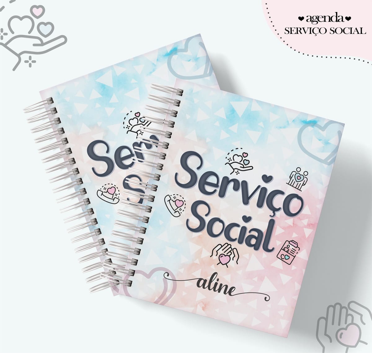 Agenda Digital Serviço Social para Imprimir e Encadernar 1 Duas agendas em espiral com arte personalizada de serviço social e nome.