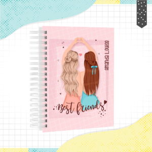 Agenda Escolar Tema Amizade para Personalizar e Imprimir 13 Arte digital de capa de caderno com duas mulheres de costas formando um coração.
