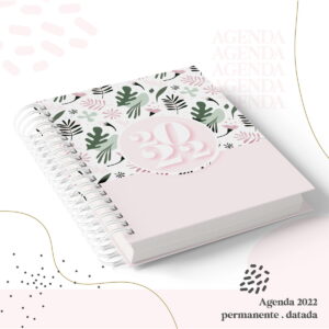 Agenda digital com capa rosa, estampa floral e o ano 2022 em destaque.