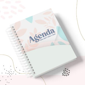 Design de agenda digital com capa floral rosa e azul, ano dois mil e vinte e dois.