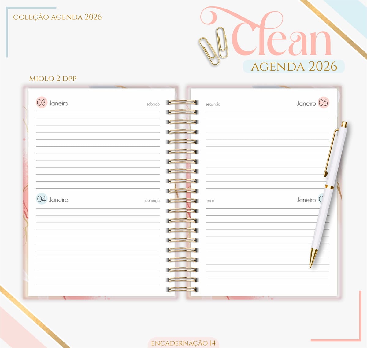 Agenda Feminina 2026 Digital para Imprimir e Encadernar 3 Agenda aberta com páginas pautadas, espiral dourada e uma caneta branca ao lado.