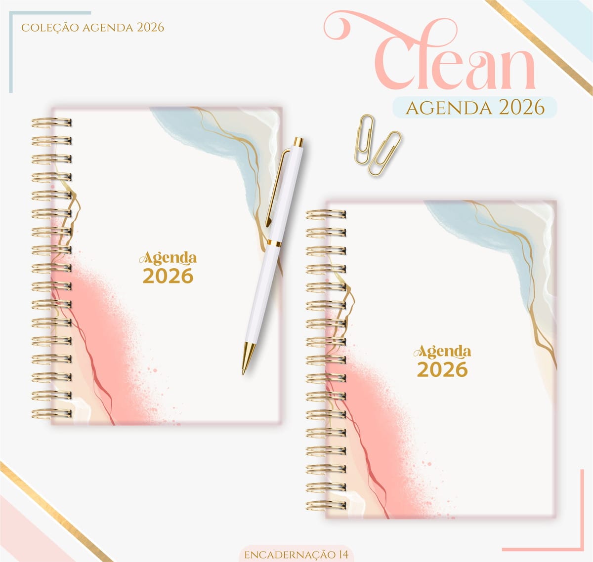 Agenda Feminina 2026 Digital para Imprimir e Encadernar 1 Duas agendas espirais com arte abstrata rosa, azul e detalhes dourados, acompanhadas de caneta.