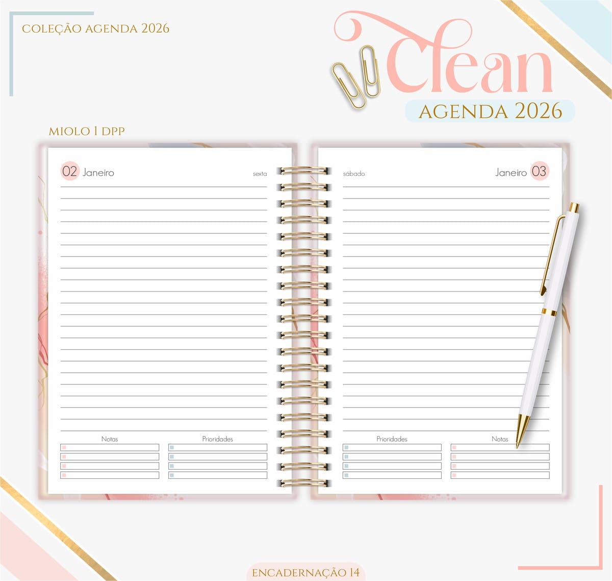 Agenda Feminina 2026 Digital para Imprimir e Encadernar 2 Agenda aberta com espiral dourada exibindo páginas pautadas para datas de janeiro.