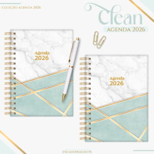 Duas agendas espiraladas com estampa de mármore e detalhes geométricos em tons pastéis.