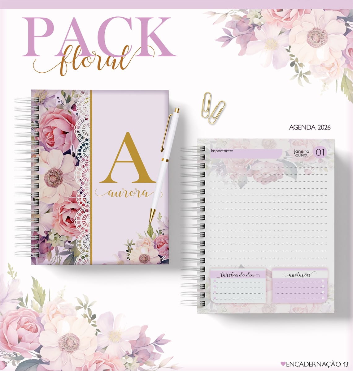Kit Digital Agenda Feminina 2026 Floral Completo 1 Kit Digital Agenda Feminina 2026 Floral Completo