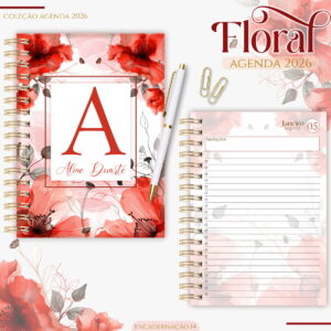 agenda feminina floral vermelho 2026 arquivo digital