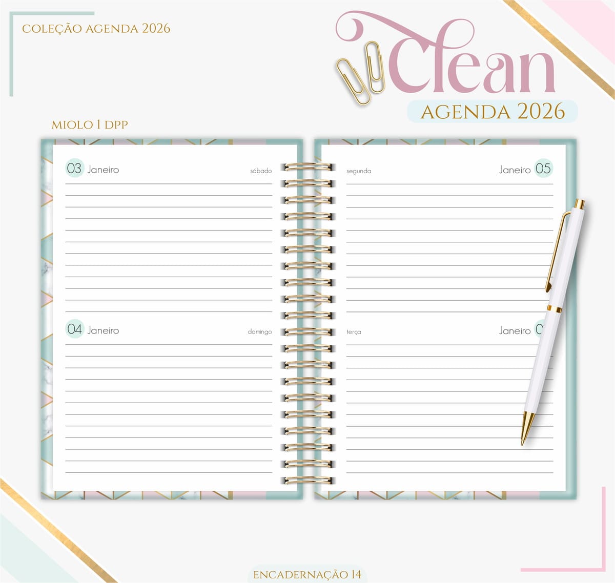 Agenda Feminina Rose Green 2026 para Imprimir e Encadernar 2 Agenda aberta com páginas pautadas, espiral dourada, clipes de papel e caneta elegante.