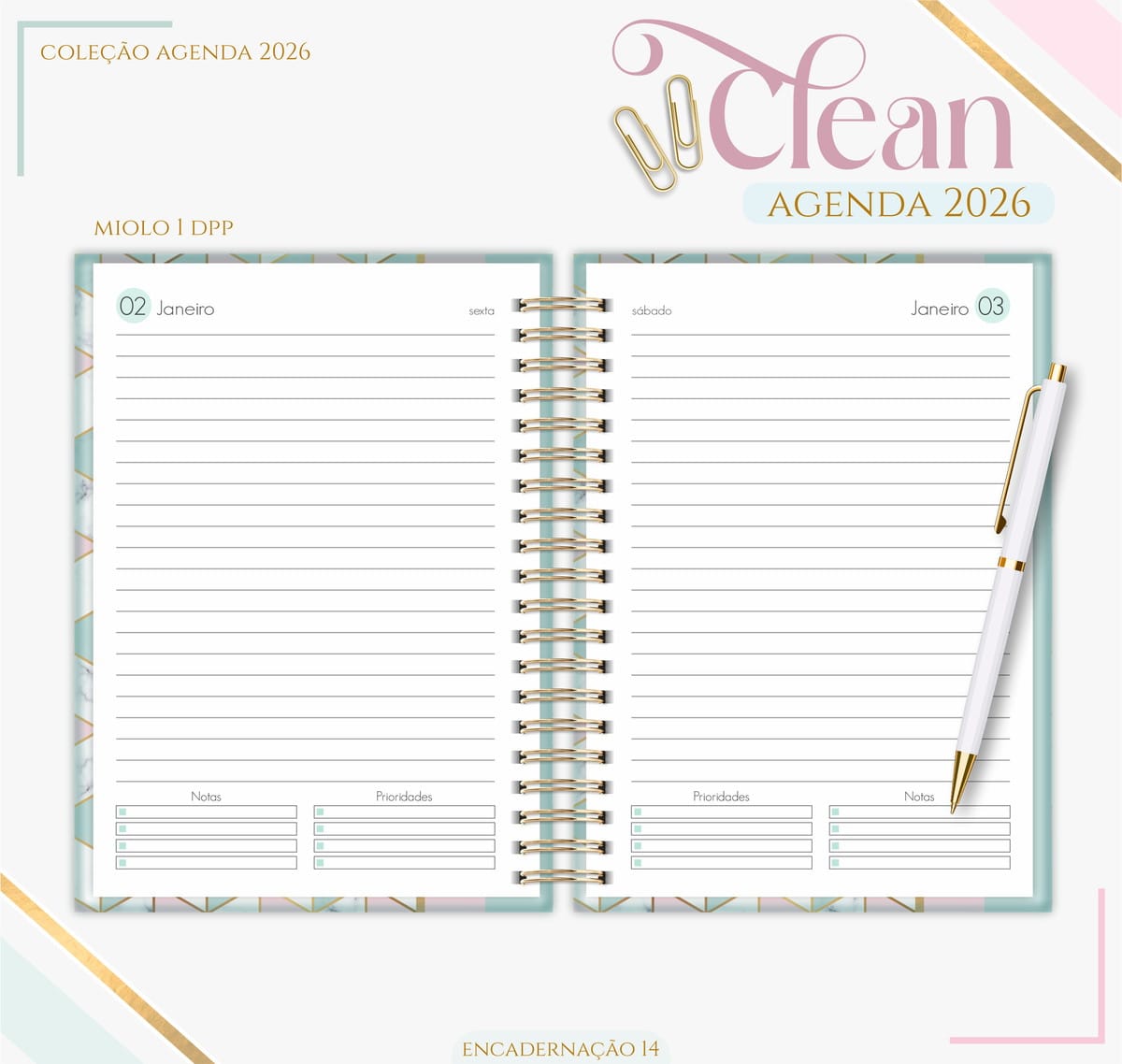 Agenda Feminina Rose Green 2026 para Imprimir e Encadernar 3 Agenda aberta 2026 com pauta diária e caneta sobre fundo branco ilustrado.