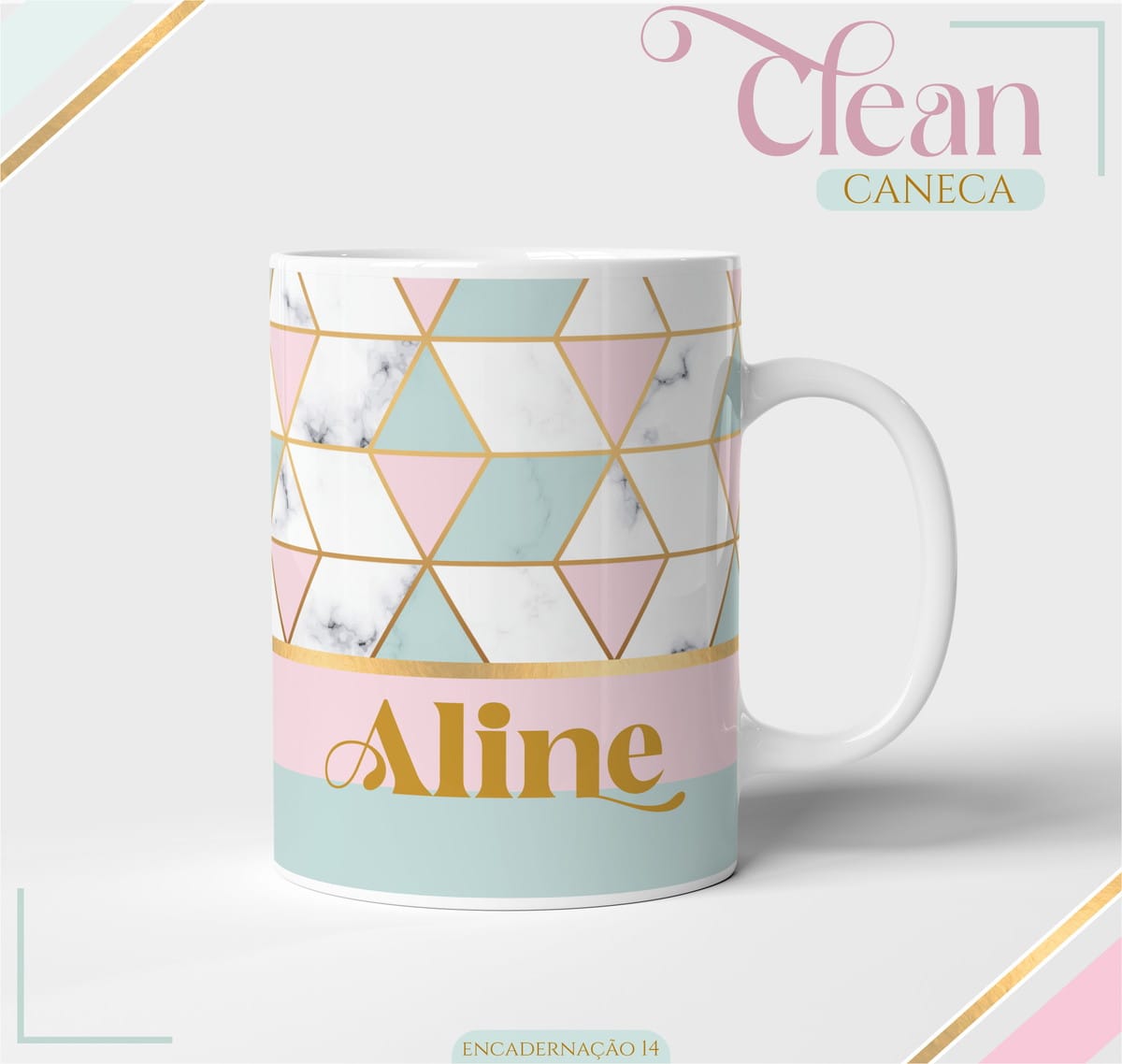 Agenda Feminina Rose Green 2026 para Imprimir e Encadernar 4 Caneca branca personalizada com padrão geométrico em tons pastéis e nome impresso