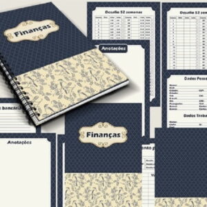 Agenda Financeira Digital para Imprimir Azul Marinho 5 Caderno espiral fechado com estampa azul e folhas internas exibidas ao fundo.