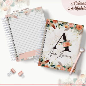 Agenda Floral para Imprimir Datada 2023 em Arquivo Digital 12 Arte digital de cadernos com capa floral, letra A e páginas pautadas.
