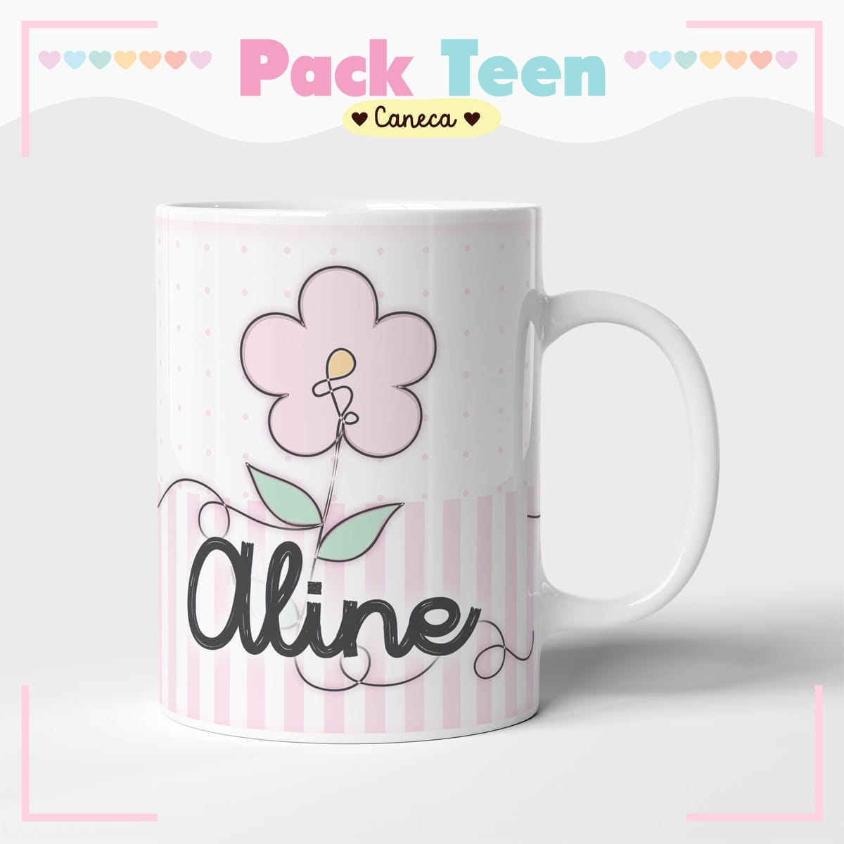 Agenda Infantil Permanente Floral para Personalizar 2 Arte digital para caneca com flor rosa, bolinhas e listras, e texto em caligrafia.