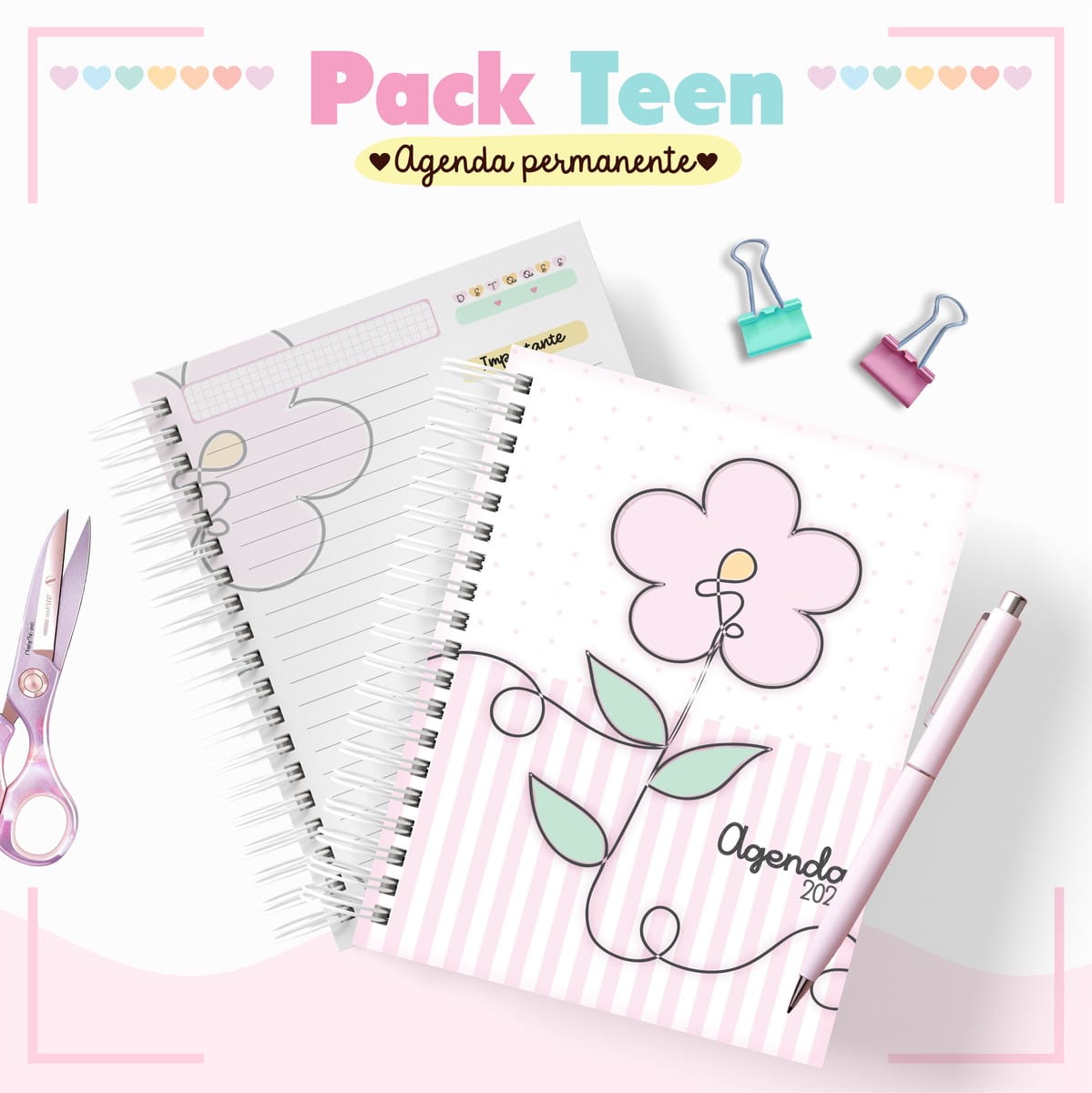Agenda Infantil Permanente Floral para Personalizar 1 Arte digital de duas agendas espiraladas, caneta, tesoura e clipes coloridos.