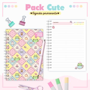 Agenda Infantil Kawaii Cute Digital para Personalizar 13 Arte digital de agenda permanente 2025 com capa quadriculada e itens de papelaria.