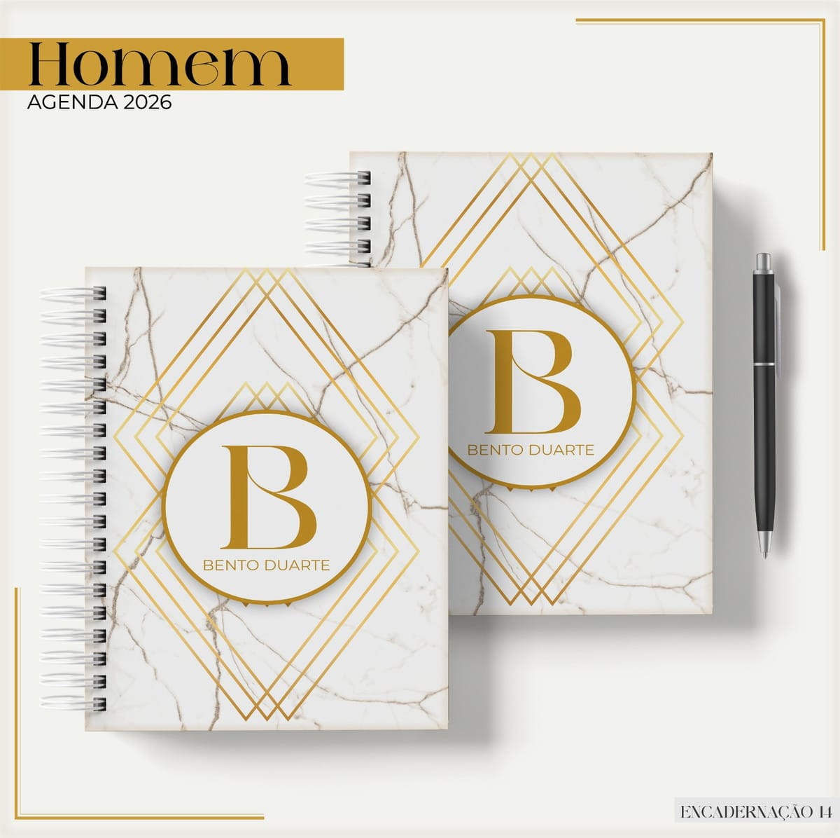 Agenda Masculina 2026 Digital para Sublimação e Encadernação 1 Duas agendas em espiral com capa de mármore branco e detalhes dourados geométricos.