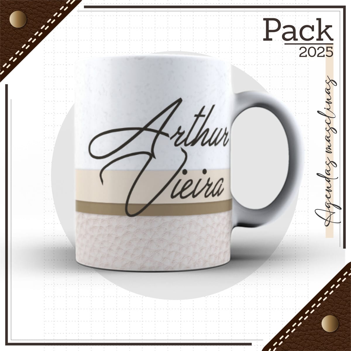 Agenda Masculina 2025 Digital com Capa de Couro Branco 5 Arte digital de caneca com design em bege, textura de couro e escrita decorativa.
